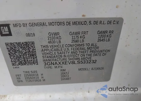 2020 Chevrolet Equinox Awd Premier 1.5L Turbo из США, поврежденный, VIN 3GNAXXEV8LS533232